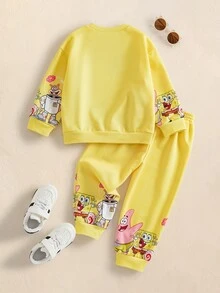 SpongeBob SquarePants | SHEIN Young Boy Cartoon Print Long Sleeve Sweatshirt And Jogger Pants Set - Yellow - View 2