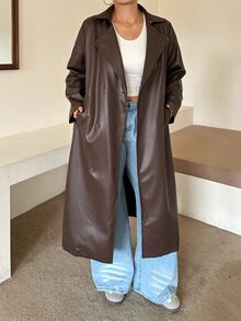 Dazy Plus PU Leather Loose Blogger Casual Streetwear Long Coat, Autumn/Winter - Brown - View 1