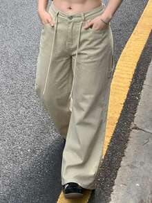 Dazy Plus Blogger Style Casual Loose Embroidered Letter Korean Loose Fit Denim Jeans - Khaki - View 3