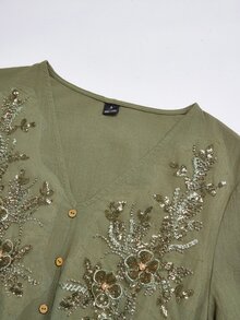 Miaspire Middle-Aged & Elderly Women Street Style V-Neck Embroidered Sequin Dress - Green - View 4