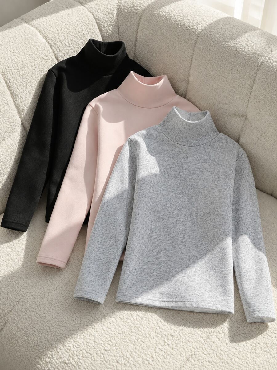 SHEIN Tween女孩款 多功能休閒貓咪印花3件套 高領長袖抓絨內層打底衫T恤 - 彩色 - 查看 1