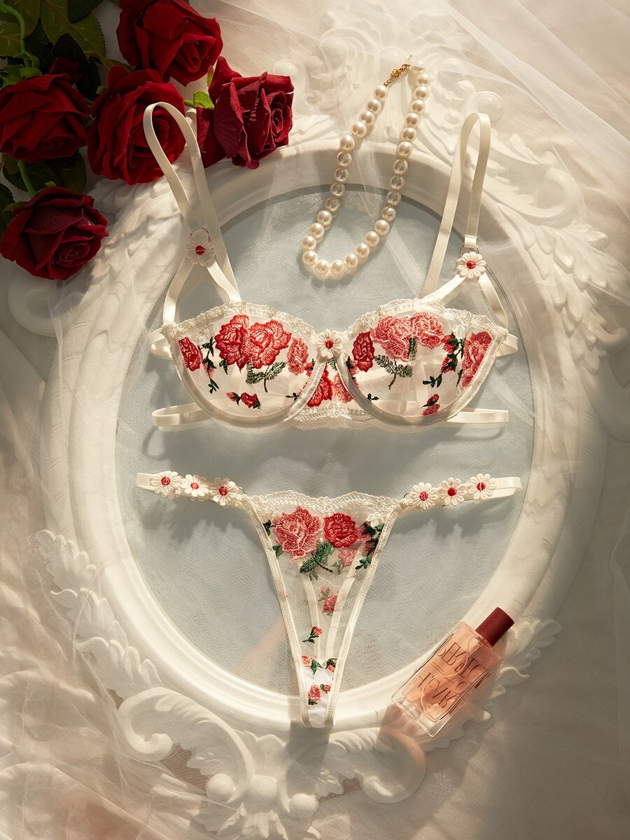 Crystal Vow 女款華麗刺繡性感內衣胸罩與內褲套裝 - 紅白色 - 查看 1