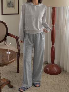 DAZY Women's Striped Long Sleeve Top And Pants Casual Daily Loungewear Set - Grey - View 1