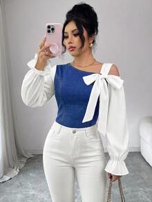 GlowEve CURVE Plus Size Women's Colorblock Casual Daily Denim Top - Blue - View 4