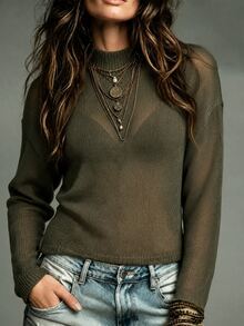SHEIN New Arrival Women Mock Neck Cut Out Cold Shoulder Knit Sweater, Oversized Drop Shoulder Long Sleeve - Army Green - View 8