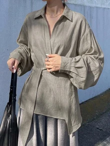 DAZY 女款半鈕扣側綁帶套頭休閒優雅襯衫 - 灰色 - 查看 2