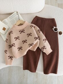 SHEIN 女童落肩蝴蝶結圖案高領毛衣與長褲兩件套 - 棕色 - 查看 1