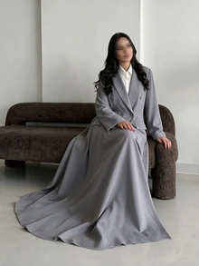 Yasveil Women Medium Grey Notched Lapel Double Breasted Fitted Waist Long Abaya Modest Muslim Dress Middle East Dubai Fall Office Elegant Robe - Grey - View 3
