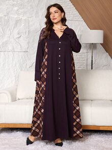Lacomfia Women's Long Sleeve Plaid Lace Patchwork Casual Versatile Comfortable Daily Home Warm Plus Size Dress - Coffee Brown - View 4