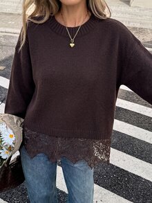 Serisse 女款純色圓領蕾絲飾邊針織衫，適合約會、度假、派對、日常外出、聚會、戶外活動 - 咖啡棕 - 查看 4