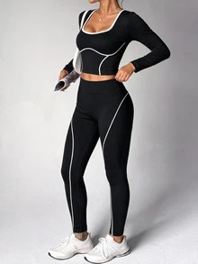 SHEIN Dewbera Women's Minimalist Long Sleeve Top And Striped Colorblock Pants Sports Set - Black - View 6