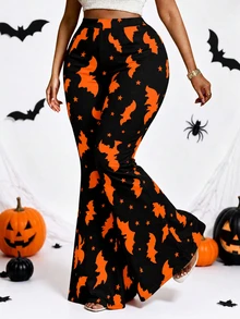 Whyspr Plus Size Women Halloween Element All Over Print Slim Fit Pants - Black - View 3