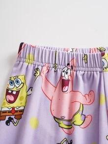 SpongeBob SquarePants | SHEIN Tween Girls Allover Print Cartoon Round Neck Short Sleeve & Shorts Loungewear Set - Purple - View 5