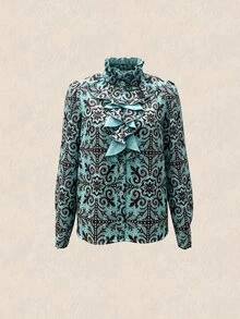 Écloséra Women's Elegant Commuter Blouse, Blue Printed Blouse, Autumn Versatile Blouse For Dating, Ruffle Loose Lantern Long Sleeve Blouse - Cadet Blue - View 6