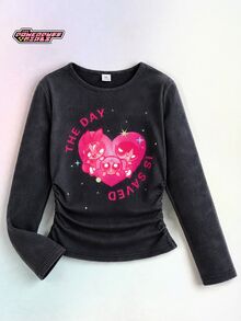 THE POWERPUFF GIRLS X SHEIN 青少年女孩修身休閒Y2K印花針織素色圓領抓皺百搭長袖黑色T恤，適合返校、室內、日常、運動、攝影、假期、生日、秋冬 - 黑色 - 查看 3