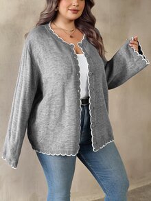 SHEIN CURVE+ 大尺碼女款拼色休閒百搭日常外出開襟衫 - 灰色 - 查看 8