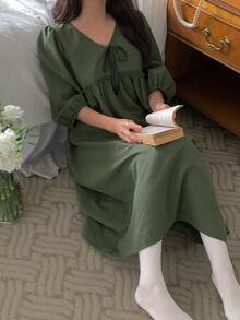 DAZY Solid Tie Front Smock Sleep Dress - Green - View 9