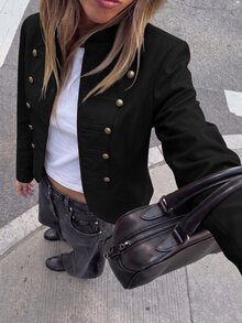 Aloruh Women's Solid Color Rivet & Button Decor Fashion Casual Jacket - Black - View 2