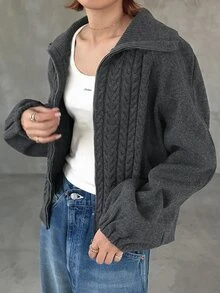 FRIFUL Women's Solid Color Zipper Casual Versatile Daily Wear Wool Blend Jacket - Grey - View 3