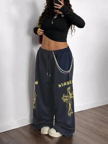 Maweii Plus Size Women Sexy Loose Straight Leg Personalized Print Street Style Casual Vacation Office Daily Pants Sweatpants Fall - Navy Blue - View 3