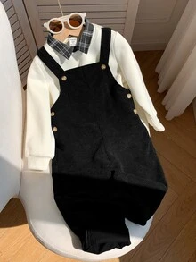 SHEIN 兒童小男孩/女孩，小男孩 2 件組秋冬休閒時尚運動衫套裝，POLO 領運動衫與綠色燈芯絨吊帶褲套裝，小男孩秋冬服飾，套裝，Squishy - 黑色 - 查看 4