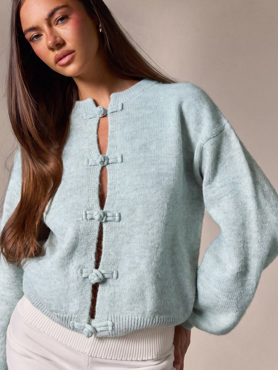 Athîral Women's Solid Color Long Sleeve Round Neck Frog Button Front Cardigan - Teal Blue - View 1