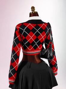 Amplova Women's Knitted Sexy Avant-Garde Plaid Collar Campus Style Outfit Suitable For Back To School Season - Red - View 10