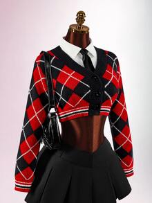 Amplova Women's Knitted Sexy Avant-Garde Plaid Collar Campus Style Outfit Suitable For Back To School Season - Red - View 5