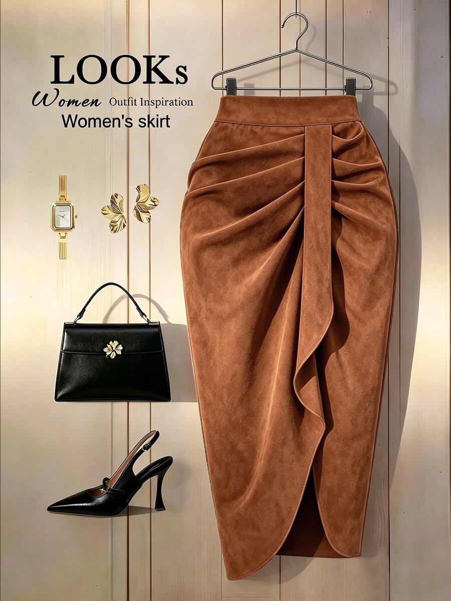 SHEIN Franclia Women's Autumn/Winter Fashion Asymmetrical Hem Pleated Slit Skirt - Rust Brown - View 1