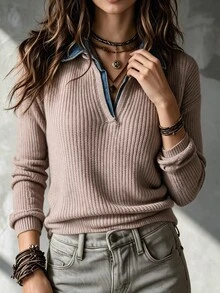 Louniche Autumn/Winter Korean Style Soft Knit Sweater, Denim Collar Patchwork Design Vintage Preppy Style Ribbed Knit Cardigan, Half-Open Front 2 In 1 Design Casual Commute Women's Sweater - Khaki - View 1
