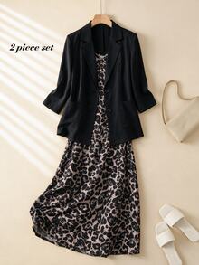 Rusticease Women's Leopard Print Cami Dress & Solid Color Blazer Fashion 2 Pieces Set - Black - View 4
