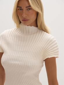 MUSEYN Cream Ribbed Knit High Neck Asymmetric Top Timeless Date Night New Season Fall - Apricot - View 5