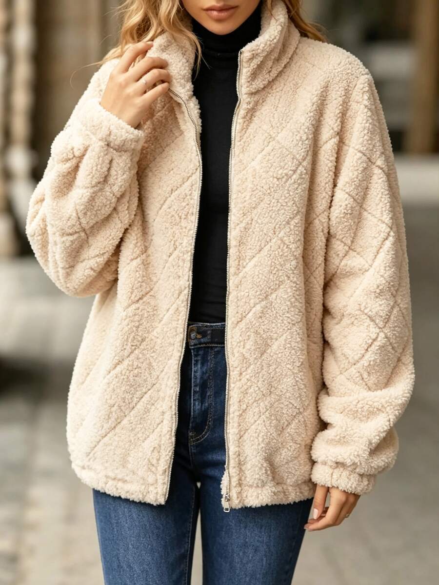Balvessa Women's Minimalist Fashion Zipper Long Sleeve Jacket For Daily Wear - Apricot - View 1
