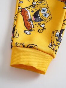SpongeBob SquarePants | SHEIN 男嬰卡通圖案長袖運動衫與運動長褲休閒日常套裝 - 黃色 - 查看 7
