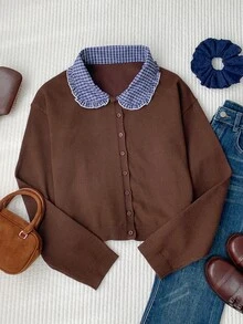 Comfortcana Winter Holiday Cottagecore Knitwear For Cafe Date Night Featuring Blue Plaid Patchwork Contrast And - Brown - View 4