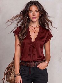 Solivie Women's Summer Elegant Satin Lace Trim Blouse - Burgundy - View 5