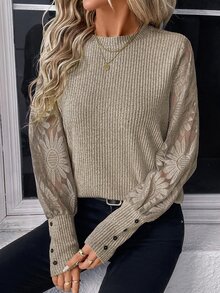Easowa Women's Round Neck Lantern Sleeve Cuff Button Lace Patchwork Textured Ribbed Fabric Casual Elegant Streetwear Autumn Winter Base Layer Top - Apricot - View 3