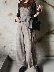 FRIFUL Women's Lace Patchwork Top & Pants Casual Daily Two Pieces Set - Brown - View 2