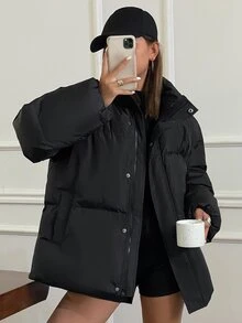 DAZY Women's Minimalist Casual Solid Color Padded Coat - Black - View 7