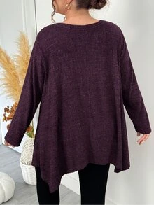 SHEIN CURVE+ 大尺碼女款休閒羅紋長袖T恤，秋冬紫色不對稱下擺，適合5XL-8XL尺寸 - 紫色 - 查看 2