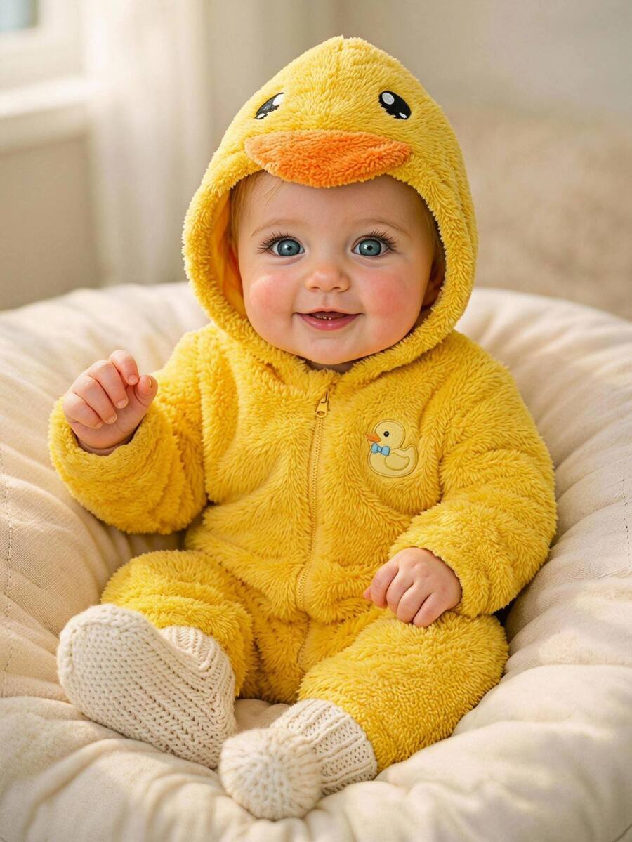SHEIN Baby Girl Knitted Solid Color Faux Fur Duck Embroidery Pattern Casual Romper - Yellow - View 1