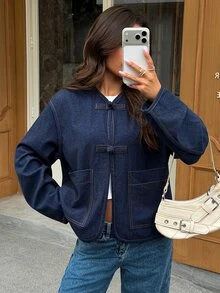 Siren Gaze Autumn/Winter New Denim Effect New Chinese Style Frog Button Jacket For Women - Blue - View 6