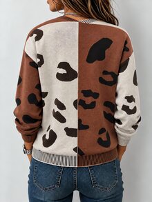 SHEIN Women's Colorblock All-Over Print Loose V-Neck Cardigan Sweater - Coffee Brown - View 3