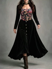 GlowEve CURVE A Plus Size Lady's Elegant, Waist-Shaping, Retro Long-Sleeved Autumn Dress Fall - Black - View 5