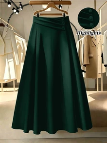 GlowEve CURVE Plus Size Women Solid Color Button Decor Pleated Elegant Skirt - Dark Green - View 1