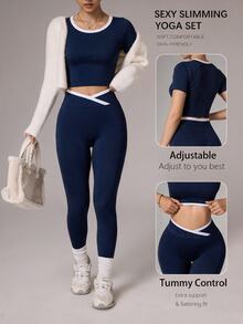 Easithlete Women's Round Neck Short Sleeve Top And High Waist Sports Leggings Color Block Athletic Set - Navy Blue - View 1