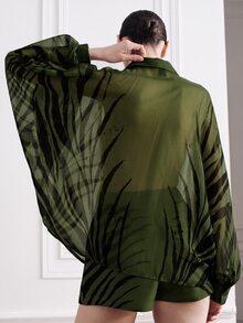 Aveloria Modichic Summer Runway Black & White Contrast Tiger Zebra Animal Print Positioned Chiffon Loose Slightly Sheer Collared Pleated Design Women Long Sleeve Blouse Elegant Sophisticated Modern Sexy Old Money Quiet Luxury Vacation Casual Versatile - Olive Green - View 7