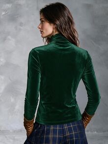 Solivie Kaos Lengan Panjang Beludru Wanita untuk Musim Gugur, Lapisan Dasar Beludru - Dark Green - View 2