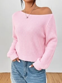 SHEIN PETITE Women's Solid Color One Shoulder Casual Daily Long Sleeve Sweater - Pink - View 7