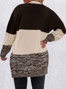SHEIN LUNE CURVE 大尺碼女款拼色休閒寬鬆日常開襟衫 感恩節 正式 度假 棕色 秋季 - 咖啡棕 - 查看 2